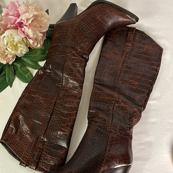 Free People Stevie Brown Leather Pointed Toe Western Style Knee High Boot 38.5 - Picture 8 of 10